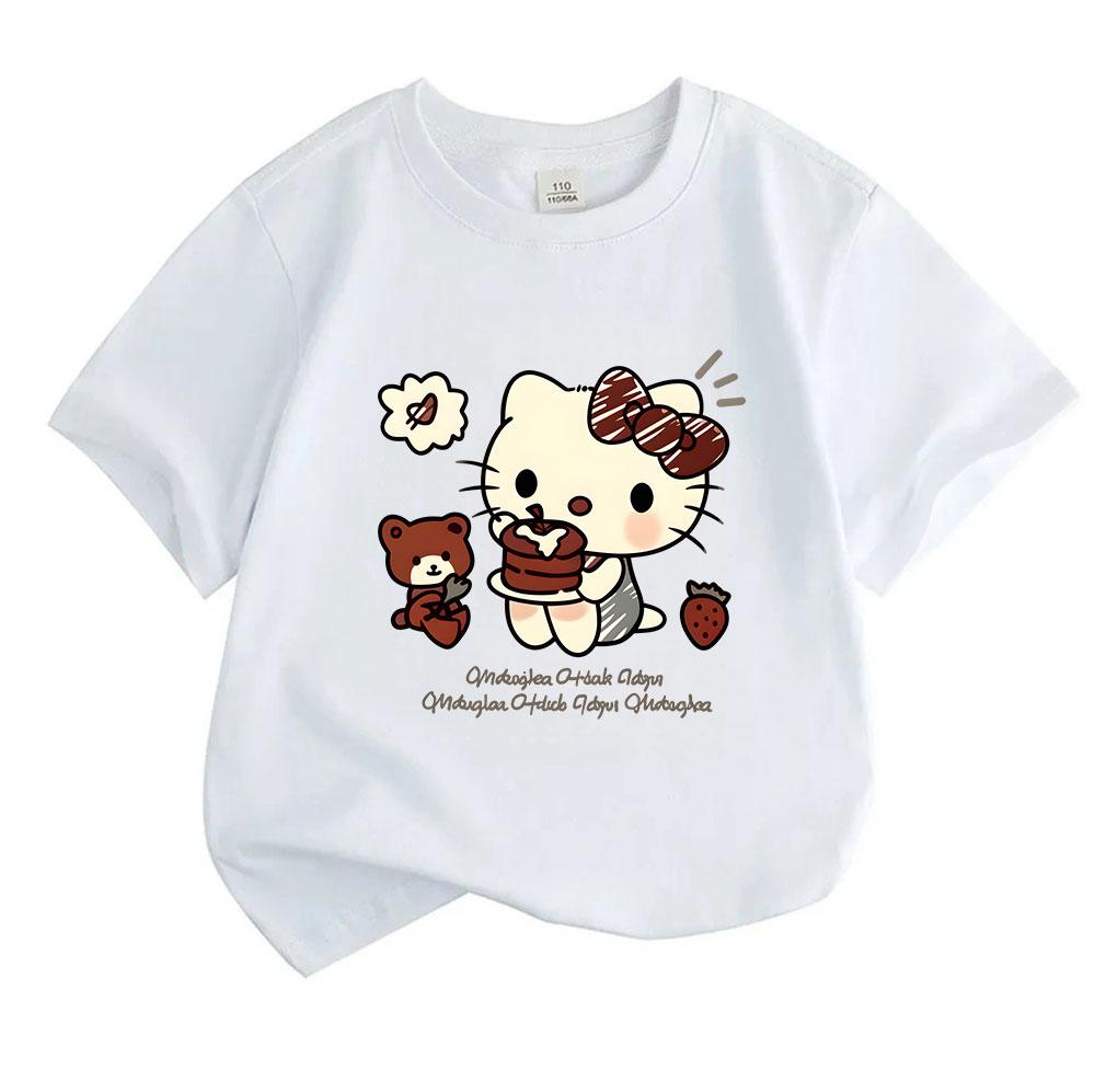 Cute Cartoon Cat Print Kids T Shirt 100% Cotton Short Sleeve Crew Neck Casual Tee for Boys Girls Sweet Chocolate Cake Bear Strawberry Pattern Soft Sum