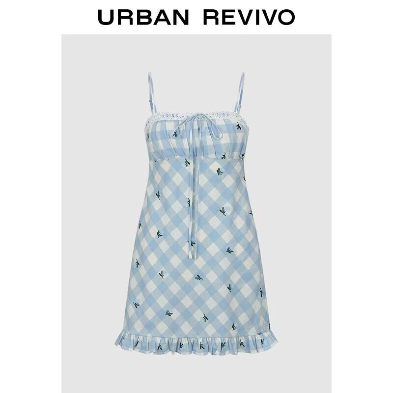 UR 2026 Spring Women s Pastel Plaid Floral Embroidered Strappy Dress M