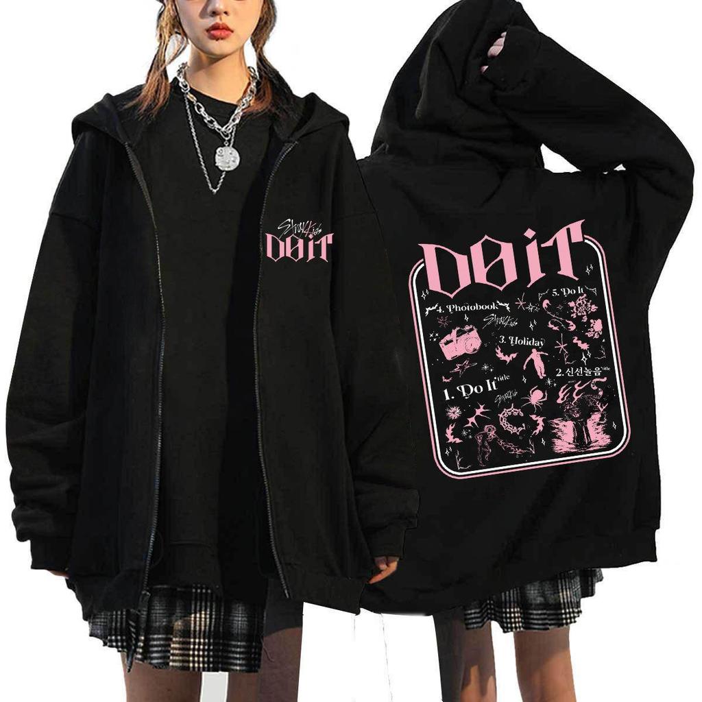 Sudadera con capucha estampada suelta con cremallera Harajuku de Stray Kids En stock