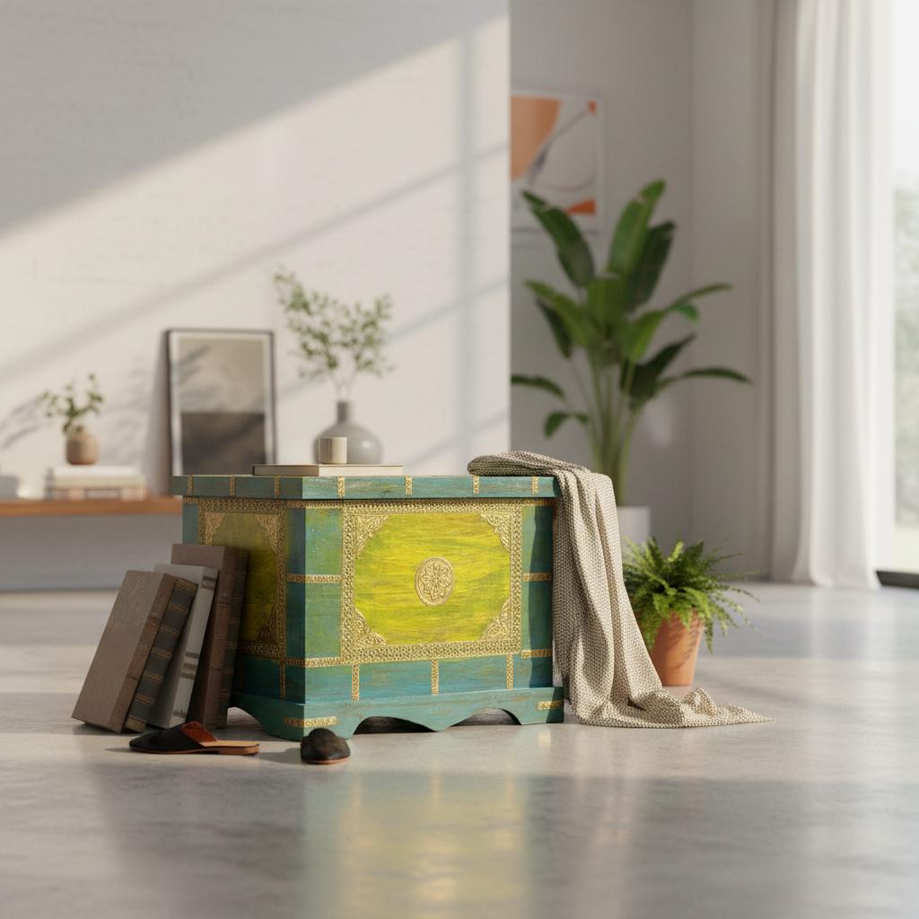 Wooden Painted Brass Trunk Storage Box-Wooden Storage Chest with Brass Accents Unique Bohemian Trunk Box-Drum Chest Home Decor Furniture