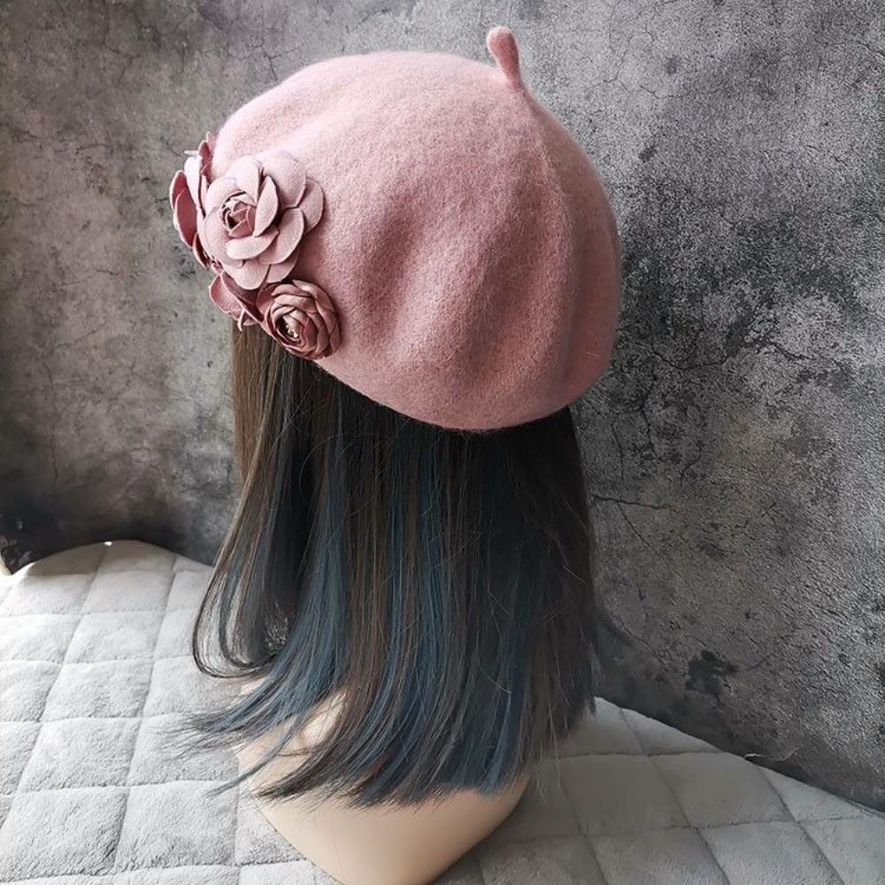 Herbst und Winter Dreidimensionale Kamelienblüten Wollbarett Ausländischer Stil Vielseitig Warm Knospenmalermütze Frau