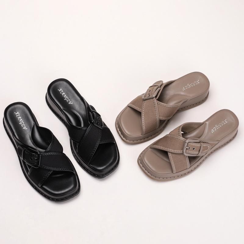 Retro fashion square head slippers women's new versatile belt buckle muffin thick bottom comfortable height-increasing one-word slippers