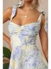 V Neck Strap Printingt Dress Lace Up Knee Length Dress Elegant Sleeveless Dresses  Causal Women Dress