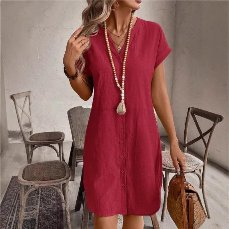 VEZFAA Abiti casual da donna, moda estate primavera, stampa tinta unita, manica corta, scollo a V, vita ampia