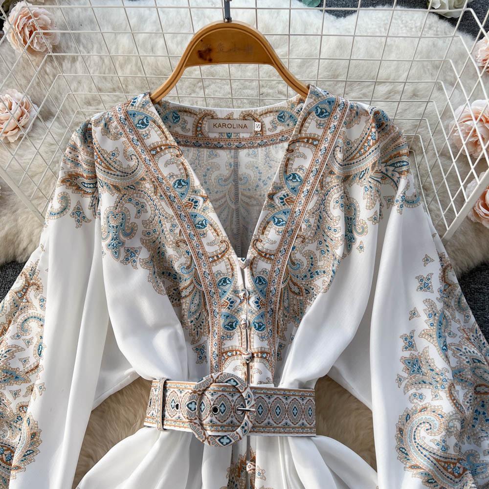 Französisches Vintage-Kleid mit V-Ausschnitt, Falten, Gürteldruck, lange Laternenärmel, einreihig, lässig, kurze Kleider für Damen im Herbst