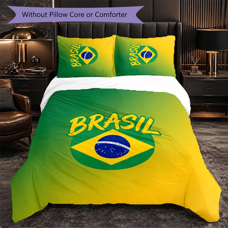 Brazil Football Pattern 3 Pieces Bedding Set Soft Microfiber Duvet Cover with Pillow Cases for Bedroom