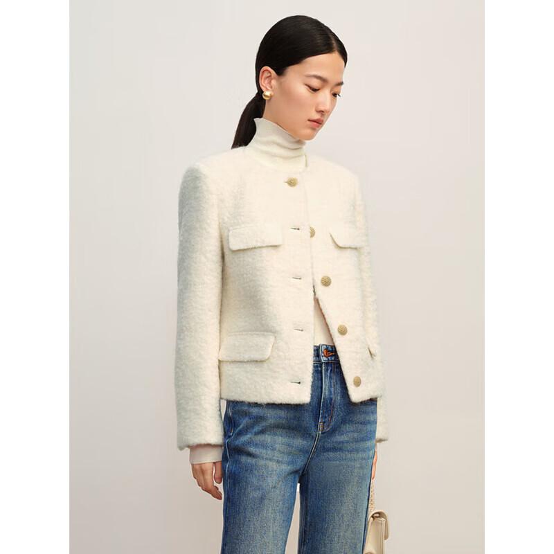 Women's Elegant Boucle Wool Round Neck Short Coat