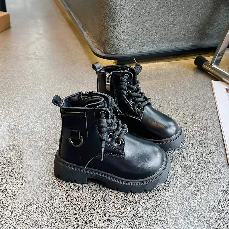Boys Girls Ankle Boots Handsome Casual Kids Short Boots with Side Zipper 2024 New Children Leather Boots with Metal Decoration