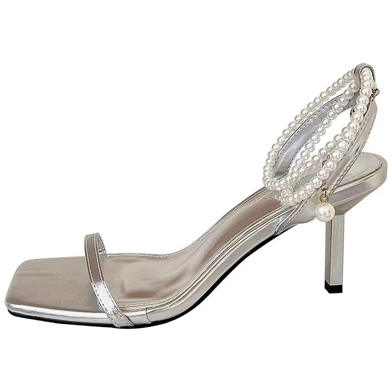 Fashion 2025 Sexy Pearl Chain Strip Decoration Women's Sandals Open Toe High Heels Sandals Summer Ankle Strap Party Shoes Women