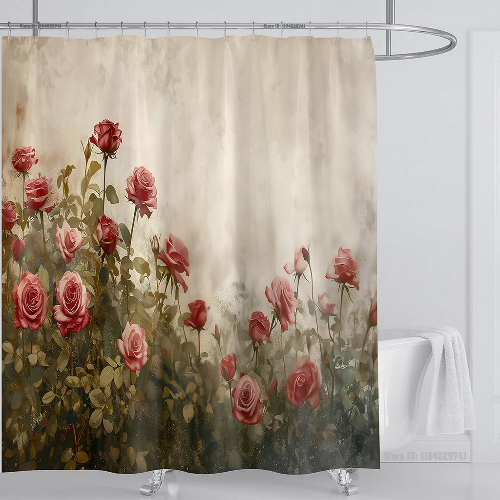 Rose Flower Shower Curtain Waterproof Shower Curtain Polyester Fabric 3D Printed Curtain Bathroom Decoration With Hook