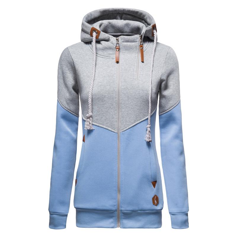 Women's double-zip color-blocked hooded long-sleeved fleece slim sweatshirt