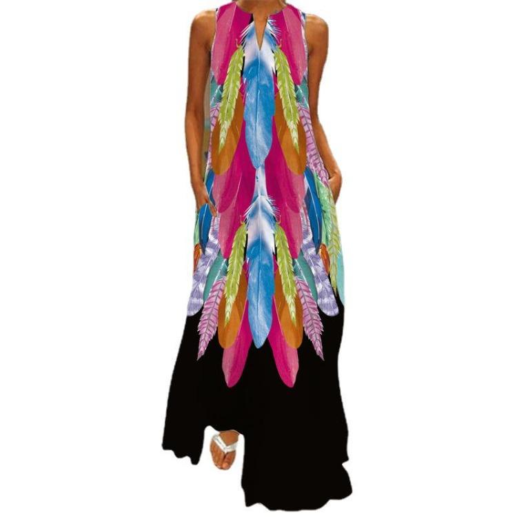 Sleeveless Summer Women's V-neck Dress with Digital Print and Pockets Size S-5XL Long