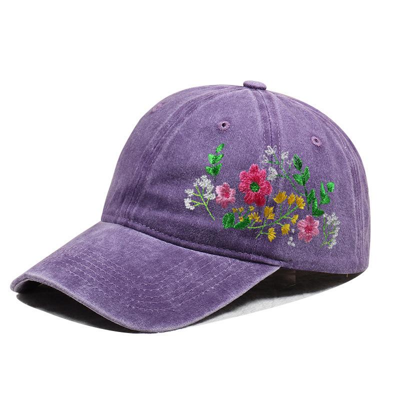 Dames Bloemen Geborduurde Baseballpet, Vintage Gewassen Katoen Verstelbare Zon Hoed