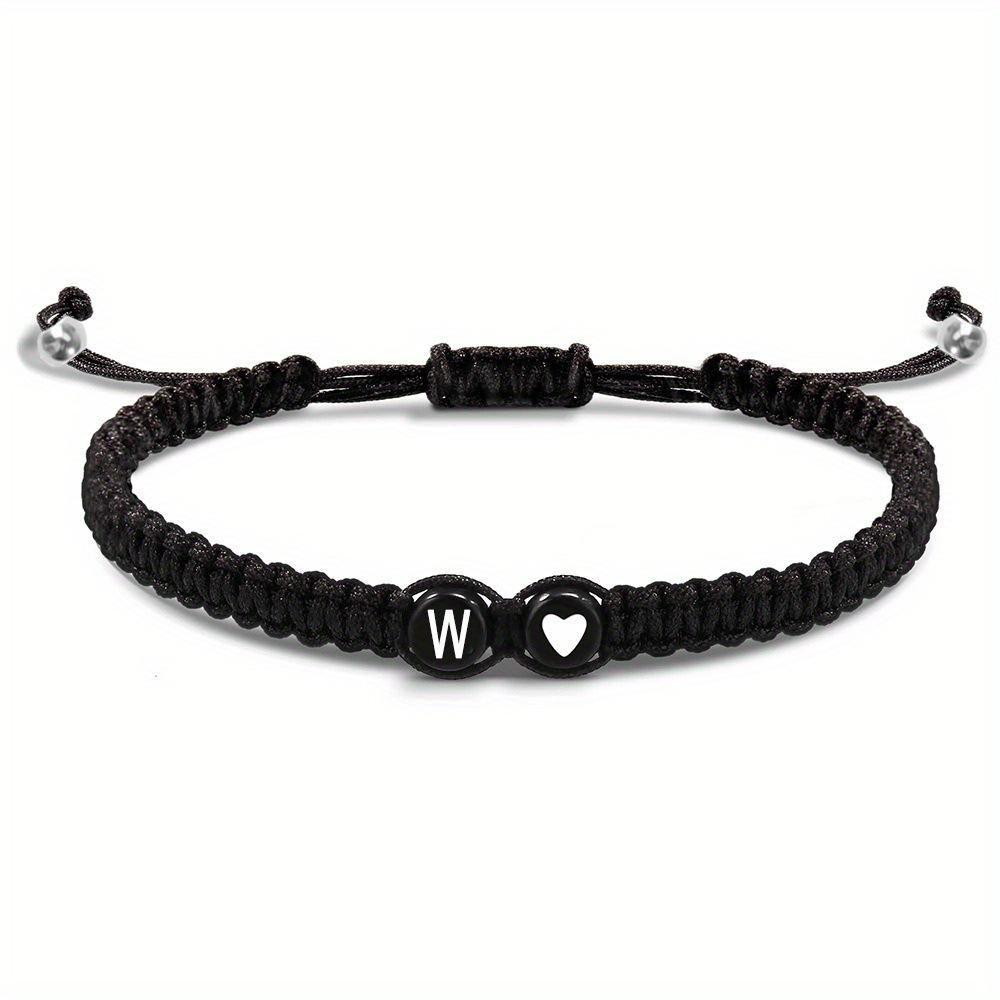 Adjustable Hand-woven Bracelet: Black with White Letter, Heart, Silver Bead - Choose from 26 English Alphabets.