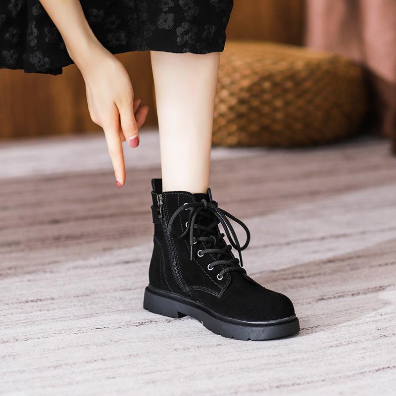 New Martin women's British frosted leather women's medium heel flat short women's lace-up leather