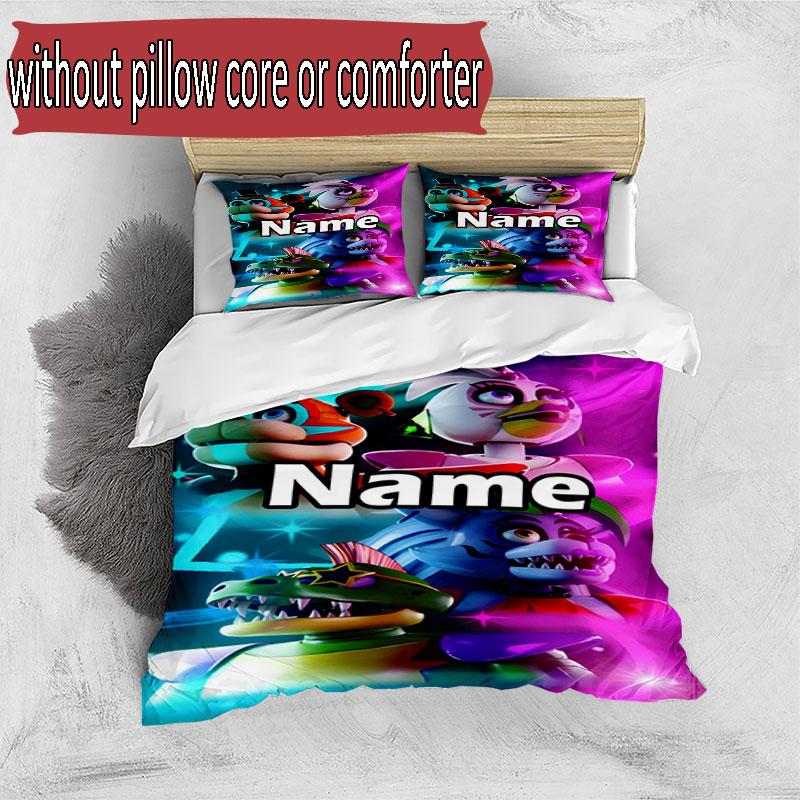 3'lü Nevresim Takımı (1*Nevresim Kılıfı + 2*Yastık Kılıfı, Çekirdeksiz), Özel İsimli Five Nights at Freddy's Desenli Nevresim Takımı, Ev Yatak Odası Dekorasyonu Hediye