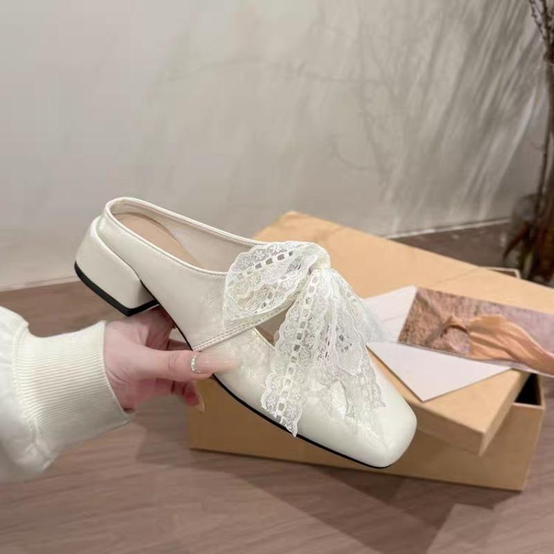Fashion Block Heel Baotou Slippers Summer New Square Toe Shallow Mouth Lace Bow Non-slip Wear-resistant Cool Mopping