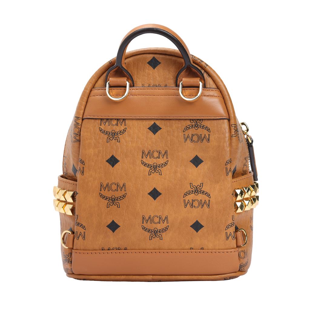 MCM Stark Classic Double-Sided Studded Coated Canvas And Leather Trim Backpack Mini Unisex Backpack Brown Cognac MMKAAVE13CO001