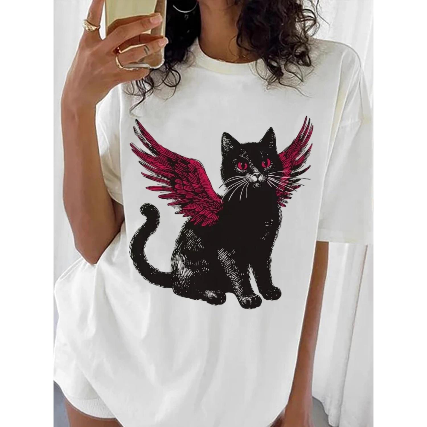 Fashion Clothing Printed Cat Pattern T-Shirt Casual Women s Short Sleeved Summer T-Shirt Women s Printed Round Neck Top T-Shirt S