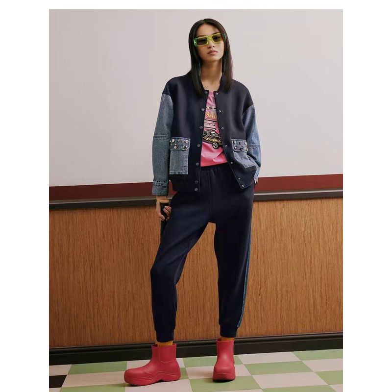 Fabric Patchwork Contrast Color Cocoon Shaped Slimming Baseball Uniform Women Autumn and Winter Rhinestone Embellishment Outerwear Strong Push