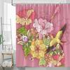 1pc Tropical Flowers & Yellow Bird Shower Curtain - Vibrant Cartoonish Style with Detailed Leaves, Soft Pink Background, 70.86x7
