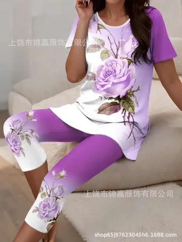 Gradual change/flower printing casual suit, round neck short sleeves + cropped pants for home and out