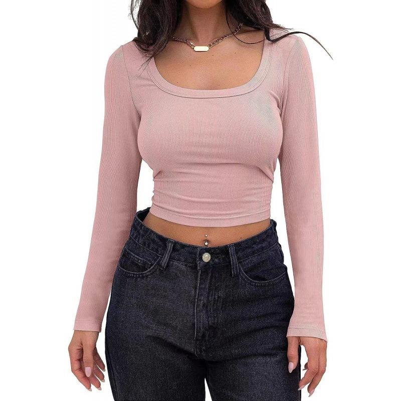 

Thread Pit Strip Slim Short Long-sleeved Square Neck T-shirt for Women, Versatile Hot Girl Casual and Versatile XL рожевий