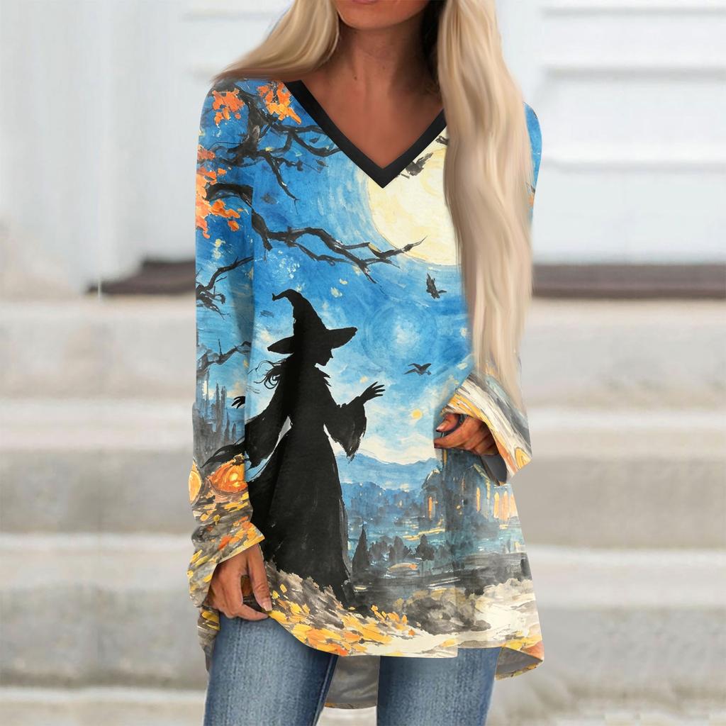 Women's Long Sleeve V Neck Tunic with Halloween Graphic Print for Casual Fall Wear