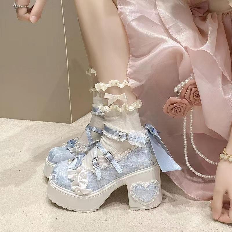 Womens Mary Jane Single Shoe Elegant Temperament Soft Sole Lace Lolita High Heels Fad Beautiful Princess Shoes for Women Tacones