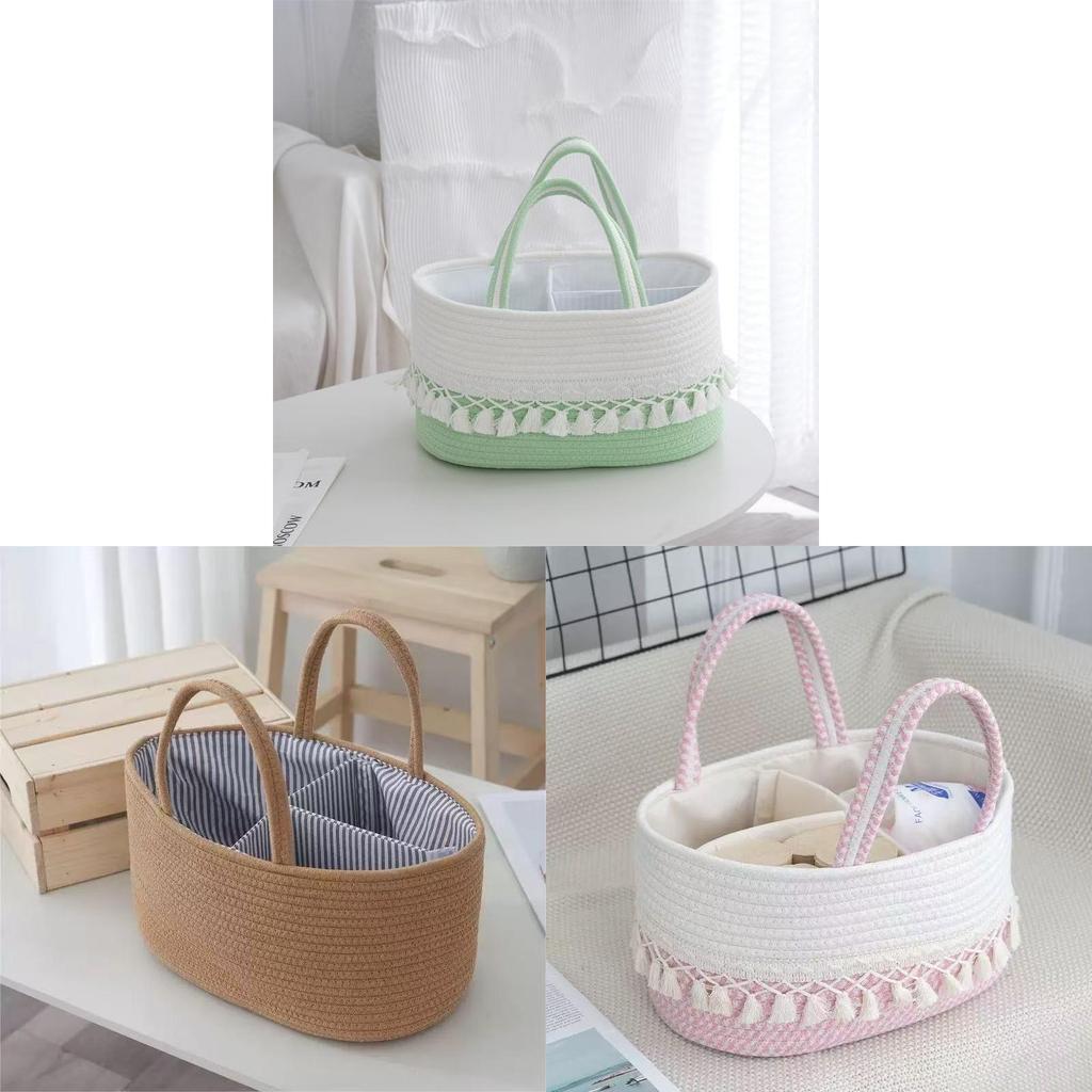 Baby Diaper Storage Basket With Cotton Material Portable Handwoven Organizer For Nursery Use