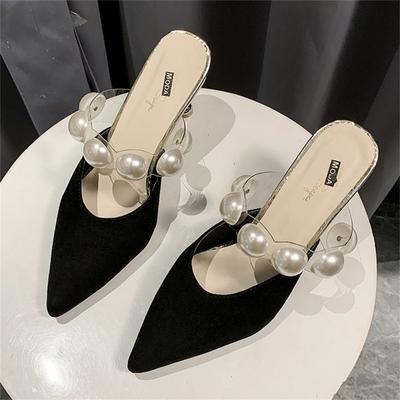 Fashion Women's Fashion Baotou Slippers Summer New Pointed Head Shallow Mouth Suede Pearl Transparent Strap Fine High Heel Sandals