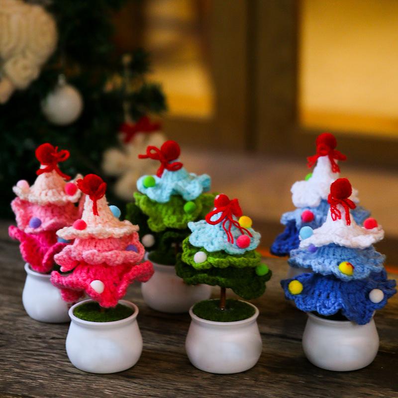 Christmas Crochet Tree Desktop Mini Finished Artificial Potted Christmas Tree Ornaments New Year Knitting Decor Gifts