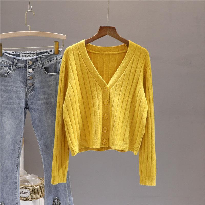 Spring and Autumn Short Outfit Loose Long Sleeve V-neck Sweater Knitted Sweater Thin Cardigan Coat Women's Top
