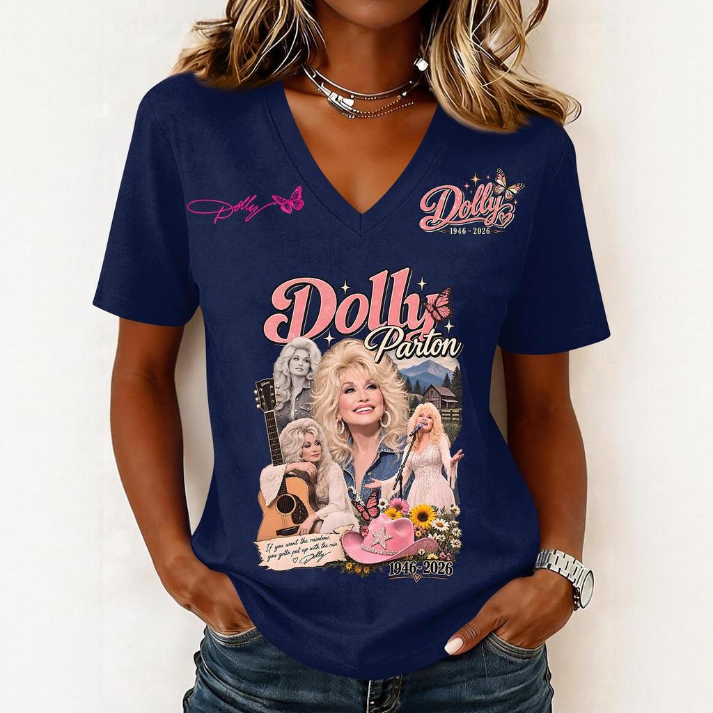 Women's Casual Letter Print V-Neck Short Sleeve Pullover Top