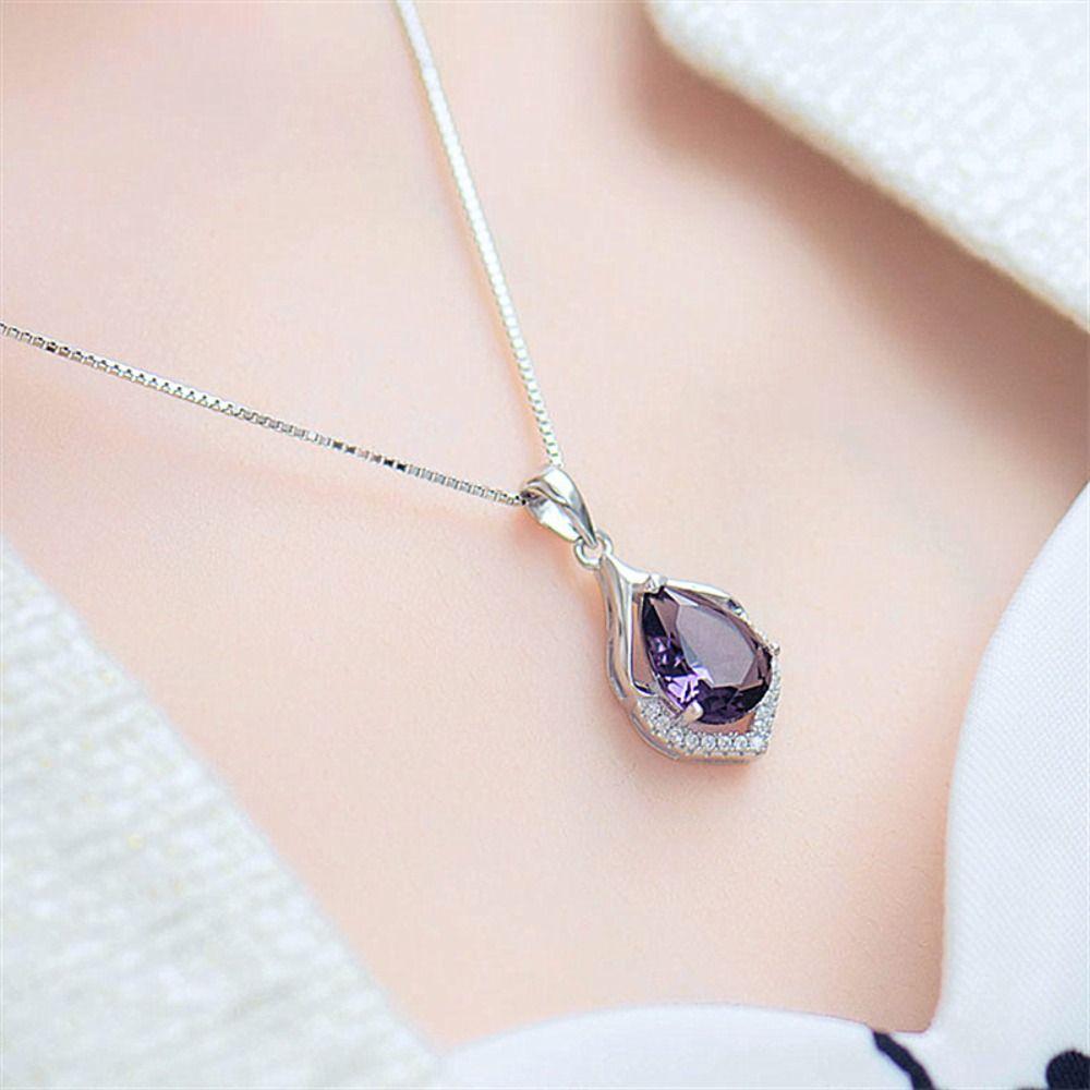 Silver Necklace Water Drop Women's Jewellery Elegant Amethyst Pendant Chain  Women Girl