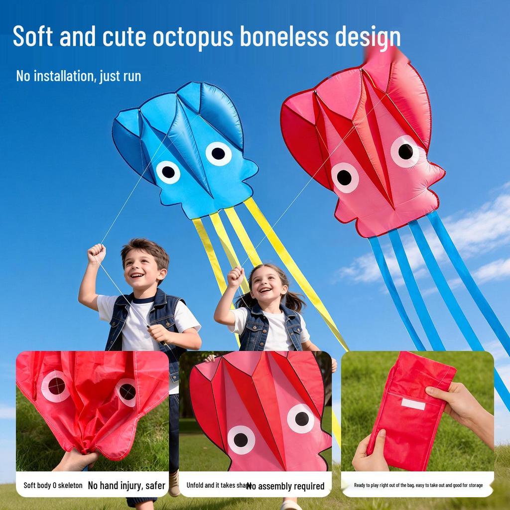 New Octopus Soft Body Pocket Kite for Kids - Easy to Fly, Eye-catching Frameless Design, Perfect for Light Breeze.