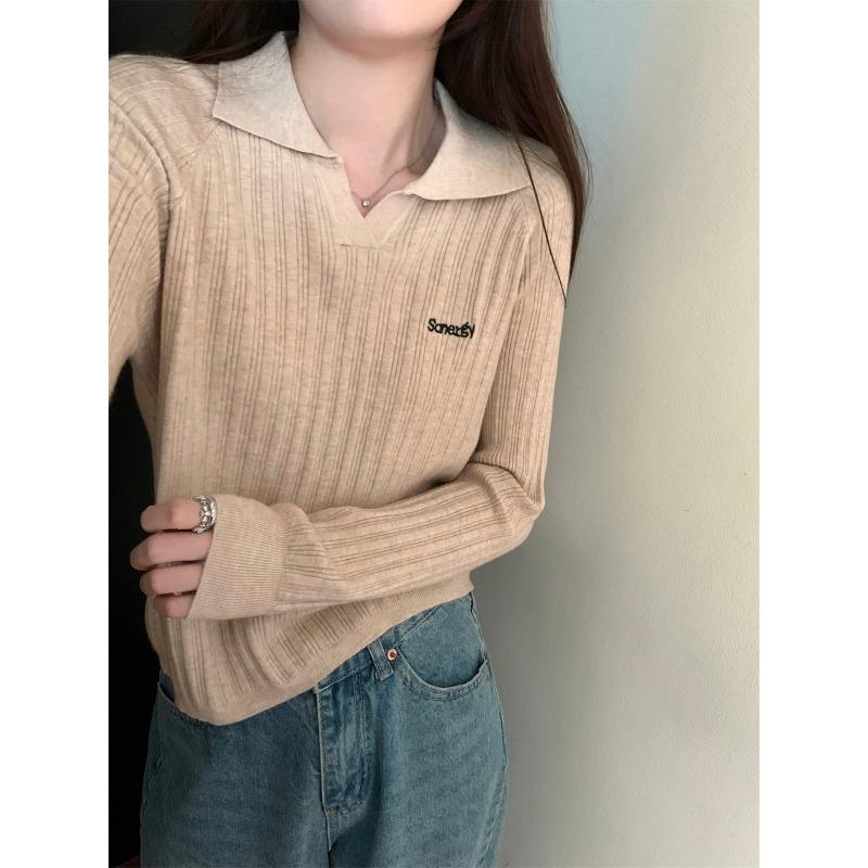 

Pit strip thread slim fit inside long-sleeved top women s spring olo lapel soft waxy knitted sweater One size [recommended 80-60kg]