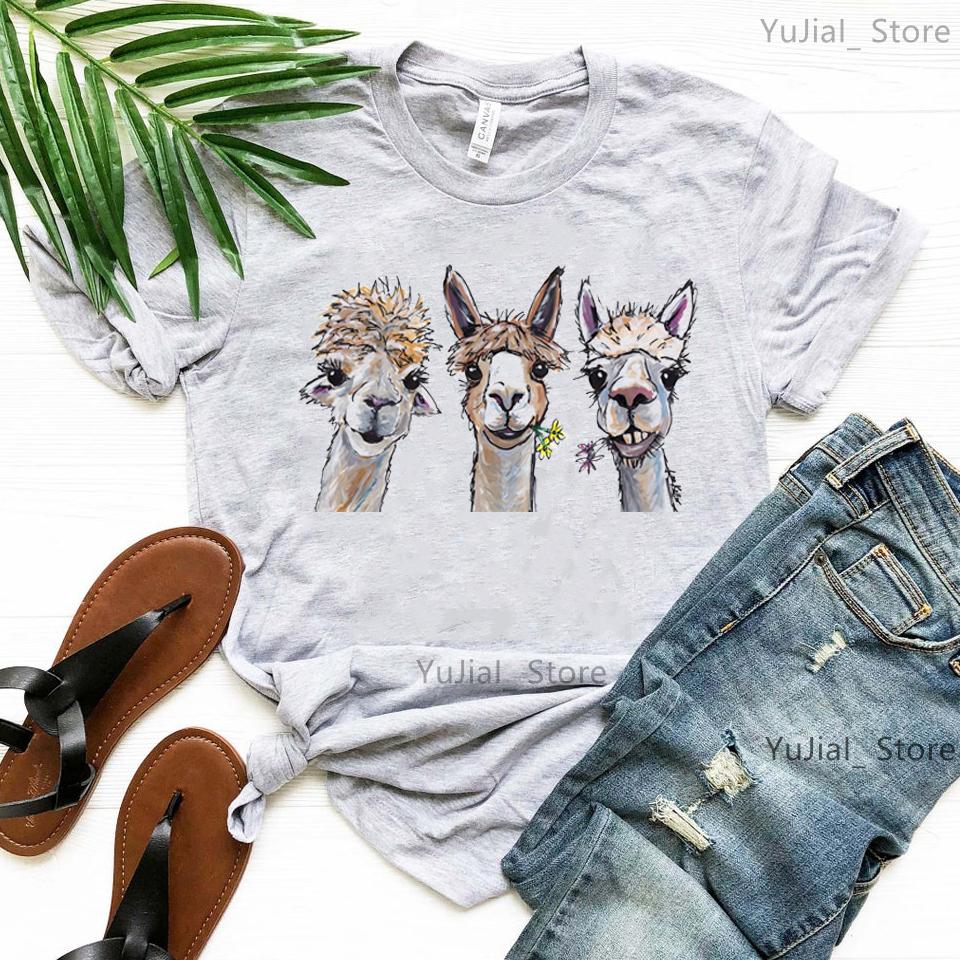 Female Tshirt Harajuku Kawaii Alpacas Animal Print Funny T Shirts Women Summer White Top Camiseta Mujer Casual Tshirt Clothes