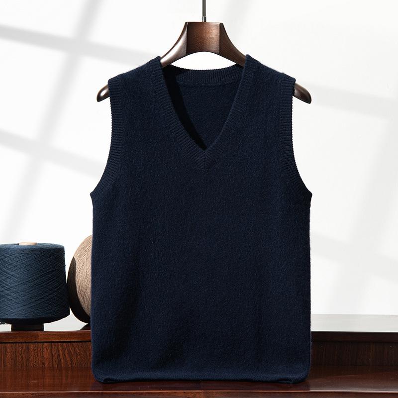 Men's Cashmere V-Neck Sleeveless Vest - Double-Strand, Thick Solid Color Tank for Business Casual Layering