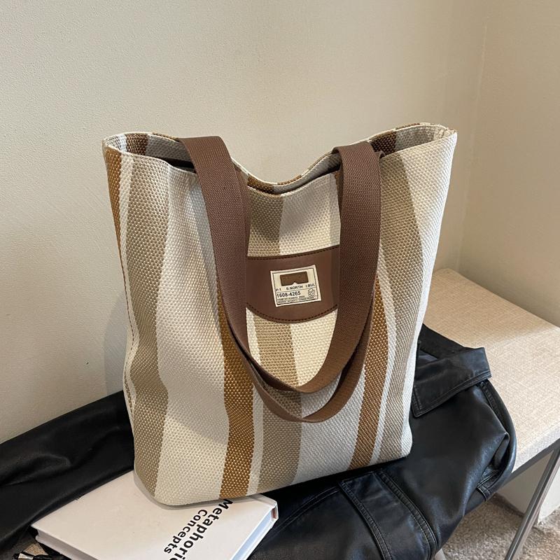 Striped Canvas Bag Women's New Summer Casual Lightweight Shoulder Bag Large Capacity Tote Bag Shopping Bag