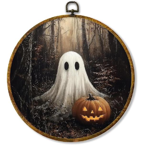 shiviody Fall Halloween Pumpkin Canvas Wall Art Decor, Autumn Halloween Hat Wall Art, Dark Moody Thanksgiving Round Hanging Frame Prints Decorations