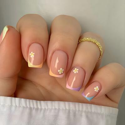 24 Stück Kurze Nude Quadratische Press-On Nägel Einfaches Florales French Tip Design Abnehmbare Vollabdeckung Falsche Nagelkunst