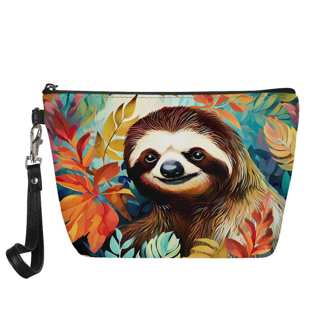 Ladies Custom Pu Cosmetic Bag Printed Sloth Picture On Both Sides Portable Travel Toilet Bag
