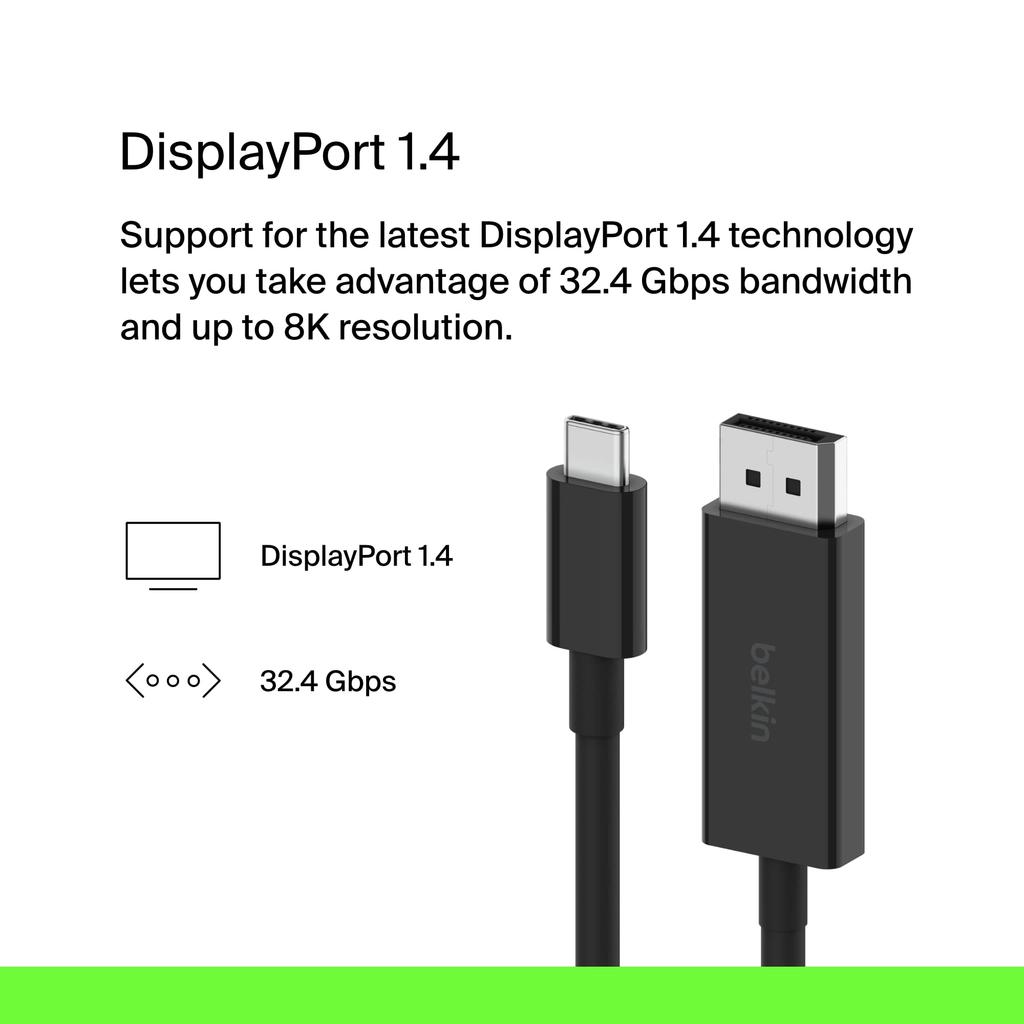 Belkin USB Type C To DisplayPort Cable or HDCP DP Alt Backward Compatible with Android and More 1.4 6.6ft/2m, 32.4Gbps 8K@60Hz 4K@144HZ, HBR3, DSC,