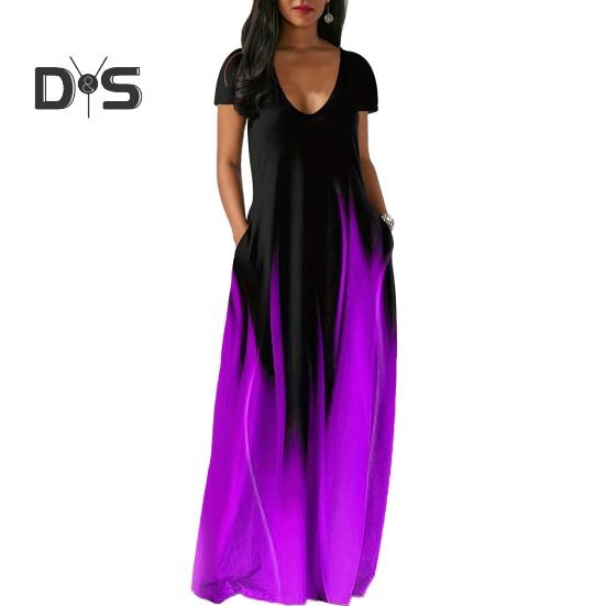 Women Maxi Dress with Pockets V Neck Short Sleeves Gradient Contrast Colors A-line Full Length Dress for Daily Party Dating