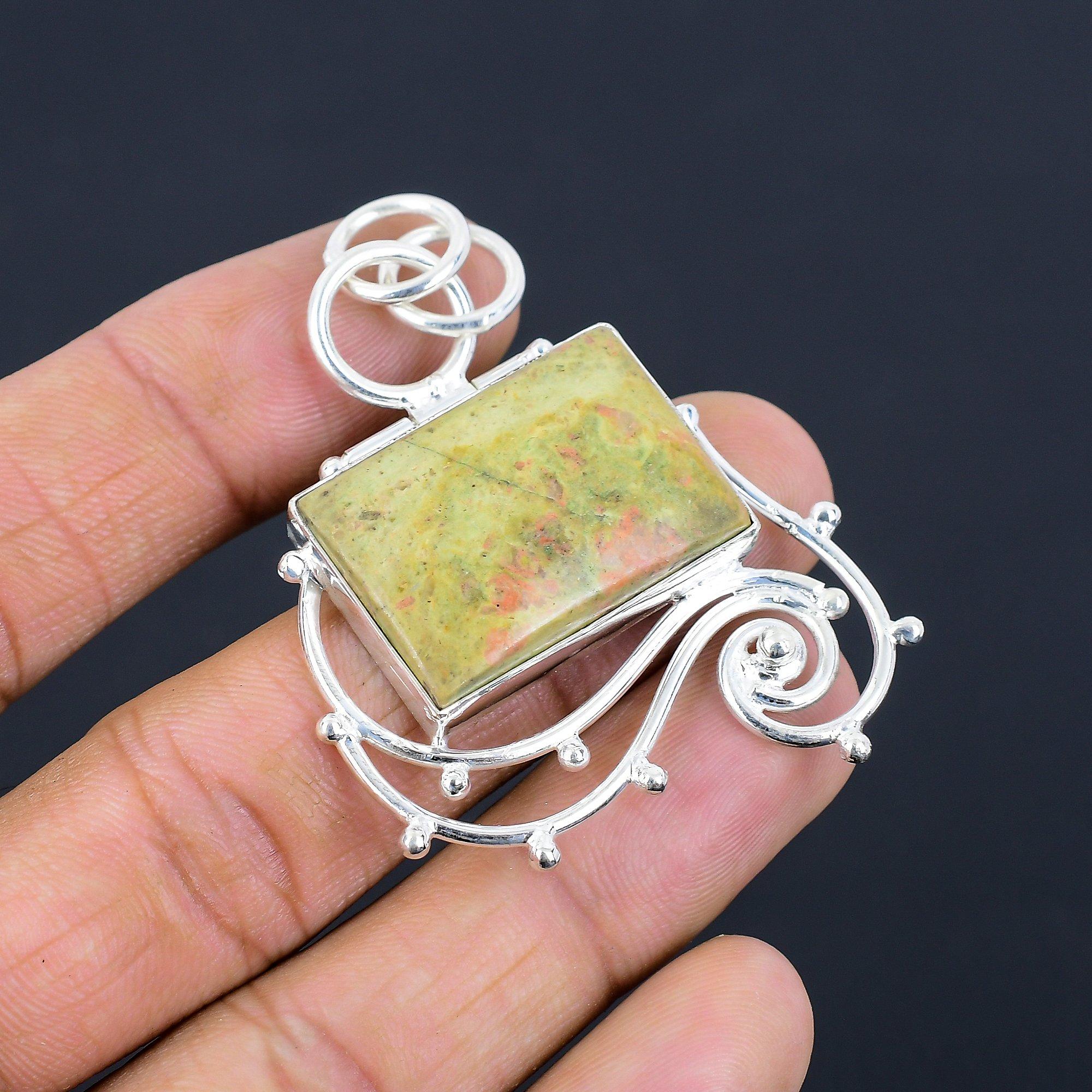 

925 Silver Rectangle Unakite Gemstone Elegant Bezel Daughter Birthday Pendant
