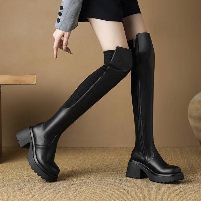 Korean version suede high-heeled large-size women's boots comfortable side zipper solid color square-heeled thick-soled leather boots non-slip autum