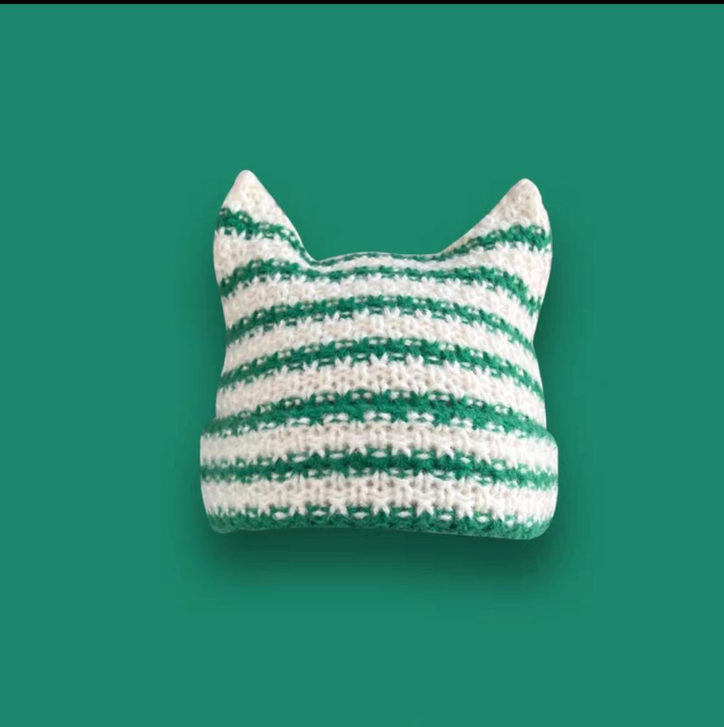 Nowa japońska czapka beanie Ins Mały Diabeł Pasiasta Dzianinowa Wełniana Czapka Jesień Zima Ciepła Urocza Uszy Kota Szpiczasta Pulower Damskie Czapki