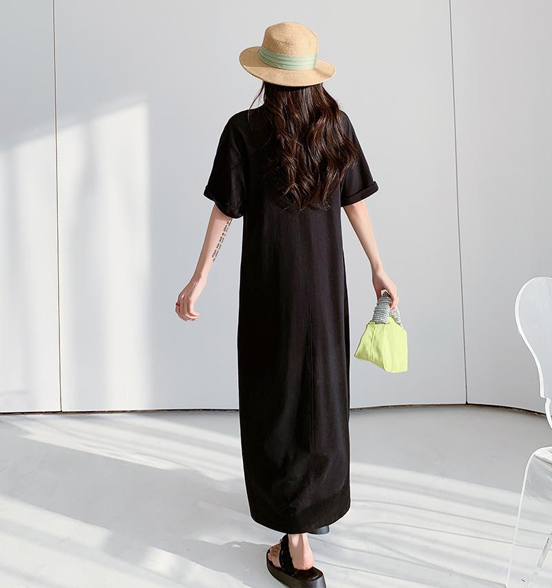 Retro Hepburn Style Plus Size Zipper Dress - Solid Color, Loose Fit Long Dress for Women