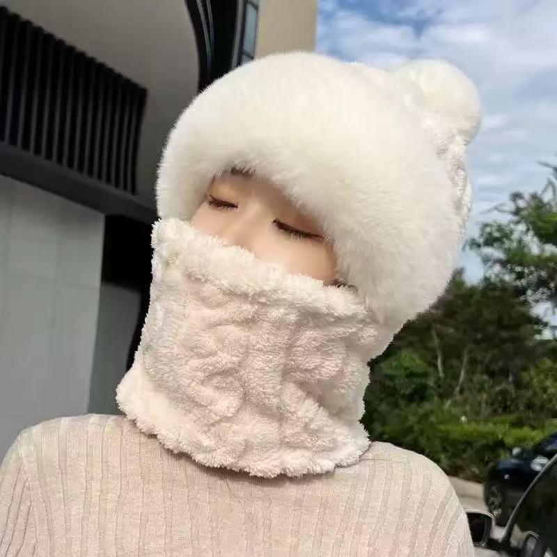 Knitted hat scarf mask integrated hat women's winter cycling windproof plush warm wool hat